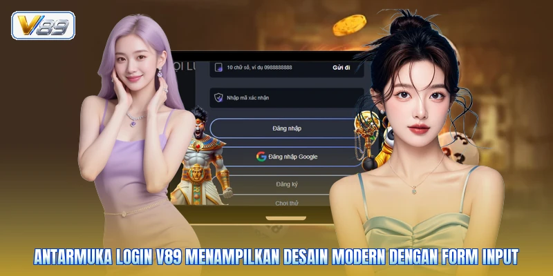 Antarmuka login V89 menampilkan desain modern dengan form input